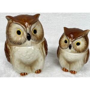 Vintage Otagiri Owl Canister Set Made in Japan Sugar Jar Pair Handcrafted Brown